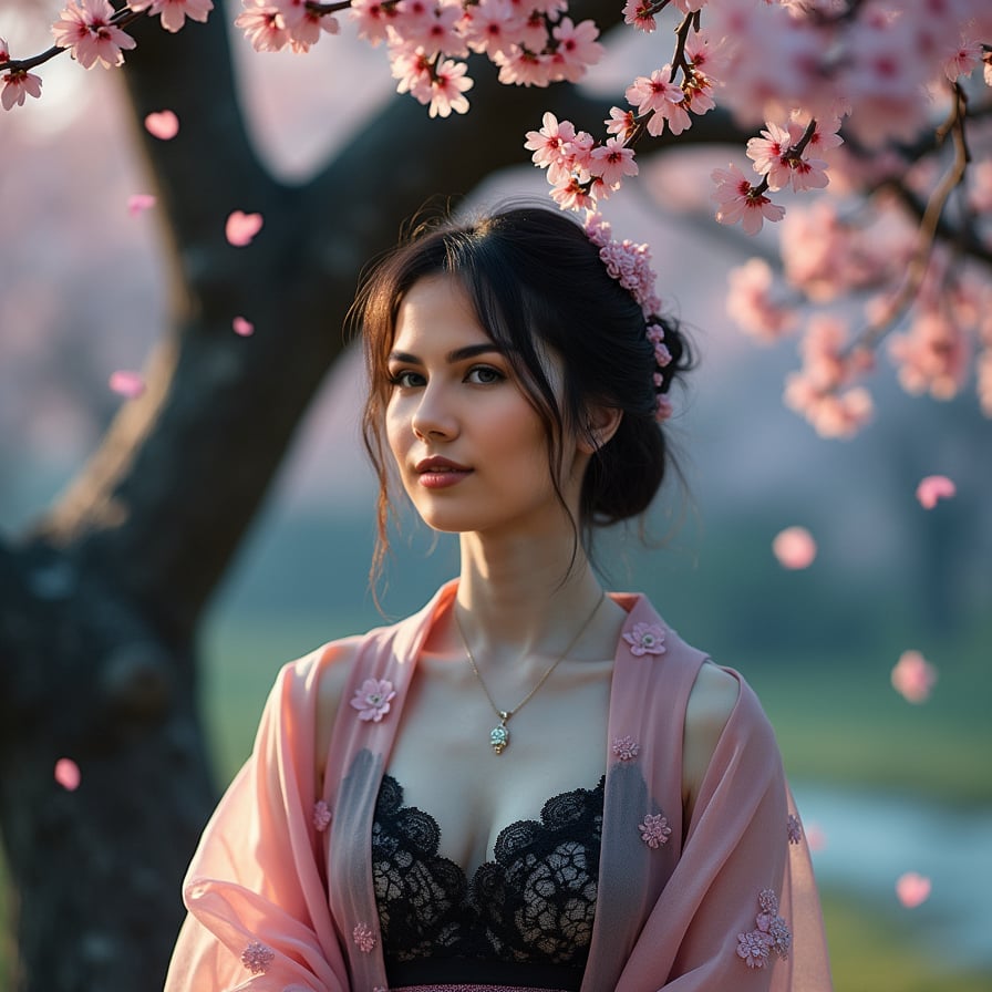 A mysterious woman in a black lace dress stands beneath a dark, ancient cherry blossom tree, her pale skin glowing under the soft pink petals. The moonlight casts long shadows, giving the scene an enchanting and eerie beauty.