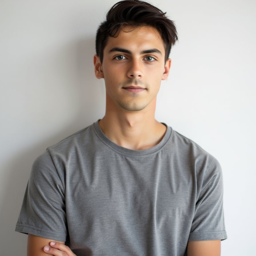 A passport-size photo of a young adult wearing a casual t-shirt, smiling subtly but neutrally. The background is plain white, and the lighting is soft and evenly distributed. The subject is centered, looking straight into the camera