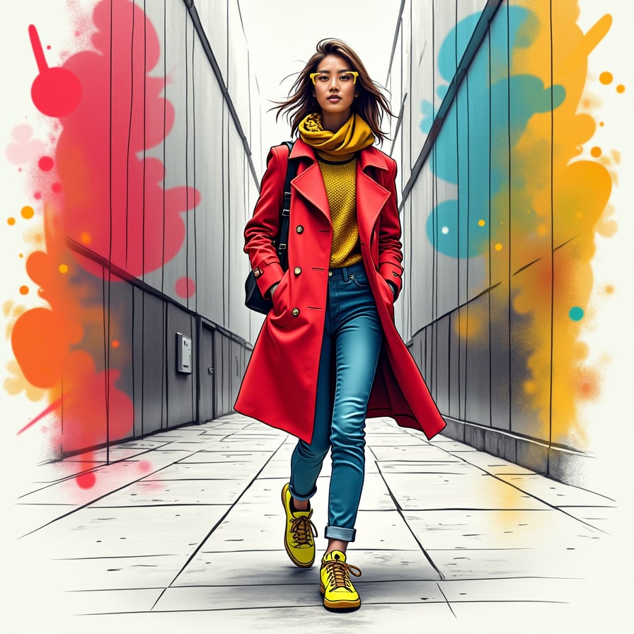 A fashionable young woman walking down the street, her outfit a bold mix of vibrant colors and patterns. She wears a bright red trench coat, neon yellow sneakers, and a patterned scarf, each element of her outfit standing out against the minimalist background. The sketch is fully coloured and uses sharp, angular lines to outline her figure, with exaggerated proportions and playful details like oversized sunglasses. The background fades into abstract splashes of color