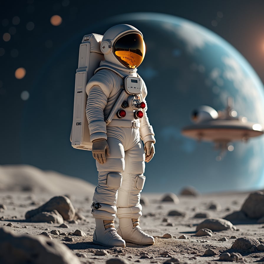 woman in bulky moon boots and spacesuit, standing upright on the lunar surface, surrounded by craters, rocks, and a parked spaceship in the distance, amidst a starry night sky with Mars and Jupiter visible, under soft moonlight casting a gentle glow, with subtle shadows accentuating the suit's texture.