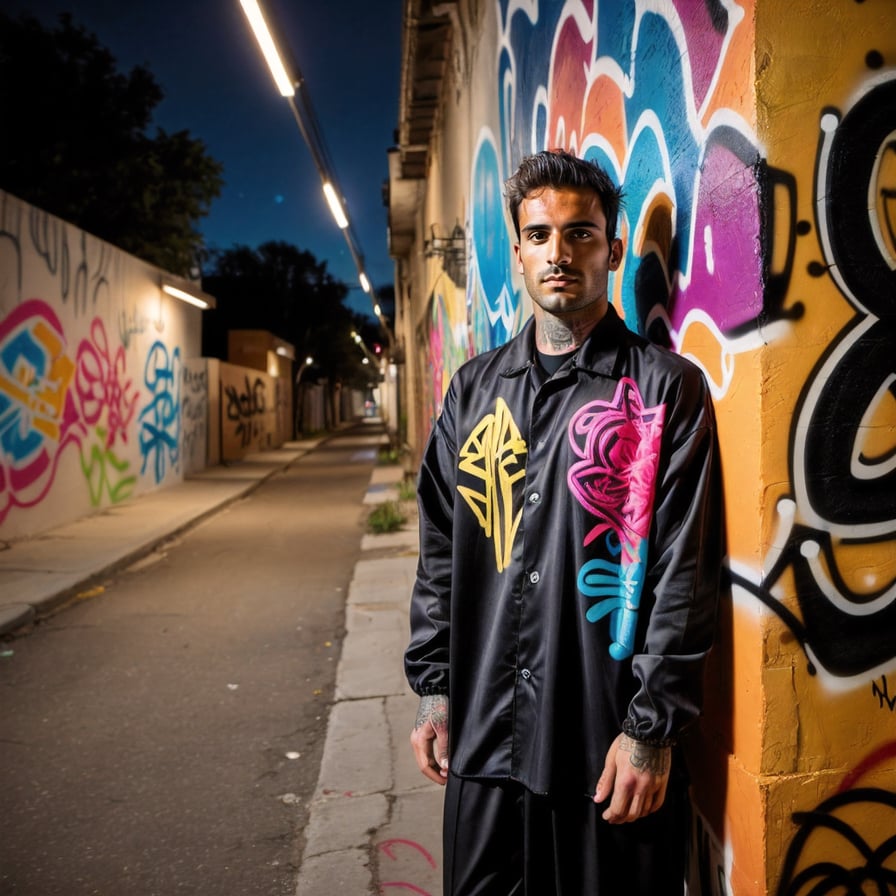 Handsome street punk, graffiti alley, detailed, hyper-realistic setting.