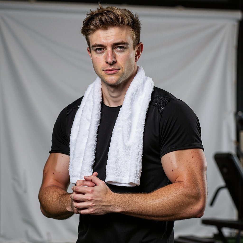 Man, athletic build, head-and-shoulders studio portrait with a towel draped around neck ends resting loosely on chest (hands relaxed down out of frame); neat short haircut, clean stubble, confident neutral expression; moisture-wicking black tee with fine micro-mesh paneling; high-key white seamless background; camera at eye level, 105mm, f/5.6, 1/160, ISO 100; clamshell lighting (large softbox above, reflector below) with subtle kicker from camera right to define jawline; ultra-clean background with no clutter; micro-contrast revealing skin texture, towel terry loops, and fabric weave; highly detailed, highly realistic, HDR, no text or watermark