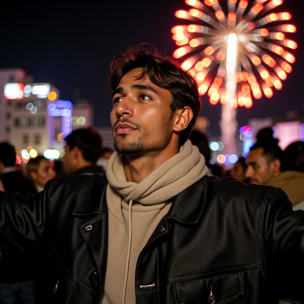 Gender: Male

Pose: Waist-up, looking up at the night sky with his arms slightly outstretched, fully immersed in watching fireworks.

Attire: Casual but stylish dark jacket, paired with a scarf. The jacket’s fabric texture is clearly visible, with the scarf casually draped around his neck.

Hairstyle: Tousled hair with a natural texture, slightly messy from the cold winter wind.

Lighting: Nighttime with bright fireworks lighting up the face, casting vivid colors onto the subject’s skin and jacket.

Background: A dark sky filled with vibrant, colorful fireworks exploding in the distance. The crowd is subtly blurred in the background.

Camera Angle: Slightly below eye level, capturing the subject’s upward gaze and the grandeur of the fireworks.

Additional Details: HDR effect to enhance the contrast between the vibrant fireworks and the dark sky. The realism of the light reflecting on the subject’s face adds to the excitement of the moment.