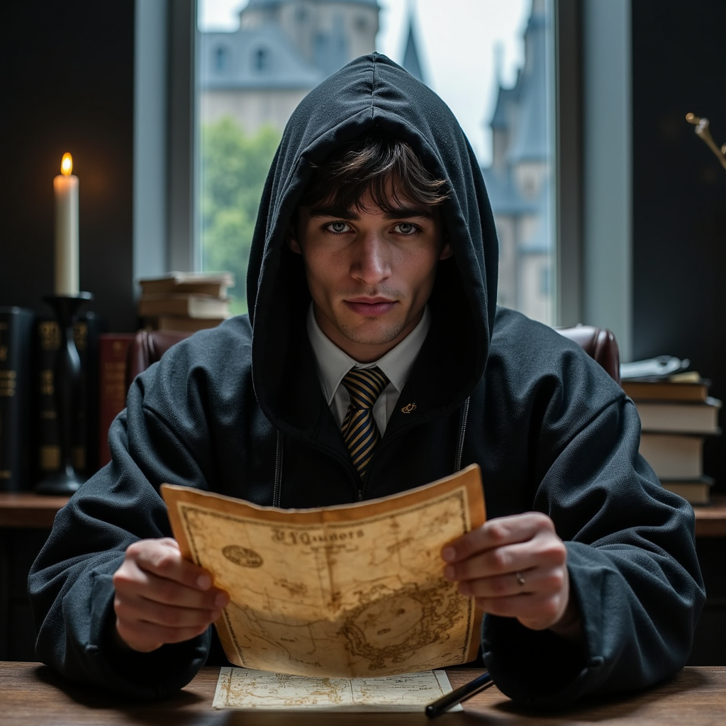 Hyper-realistic HDR close-up of a 17-year-old male Hogwarts student with pale sk