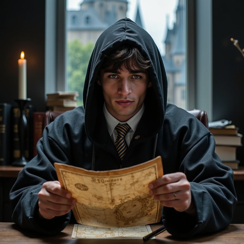 Hyper-realistic HDR close-up of a 17-year-old male Hogwarts student with pale skin, faint blue undertones under eyes from dim lighting, and an intense, focused gaze. Dark brown hair with a slight wave falling partially over his forehead, matte texture. Wearing a deep-black hooded robe pulled forward to shadow the upper face, only the tip of the nose and mouth fully lit. Pose: seated at a wooden desk, both hands delicately unfolding an aged parchment Marauder’s Map (visible creases, fiber texture, faint sepia ink). Camera: Nikon Z8, 85mm f/1.8 prime, aperture f/1.8, camera at slightly above hand height for immersive tabletop perspective. Lighting: single warm candle key light (2800K) to left casting deep, directional shadows across hands and parchment; subtle secondary cool fill (5600K) from unseen window gives slight edge highlight to hood; flame flicker creates moving micro-shadows across knuckles and page folds. Background: deep black vignette with barely visible shapes of stacked books, ensuring full focus on subject and map.