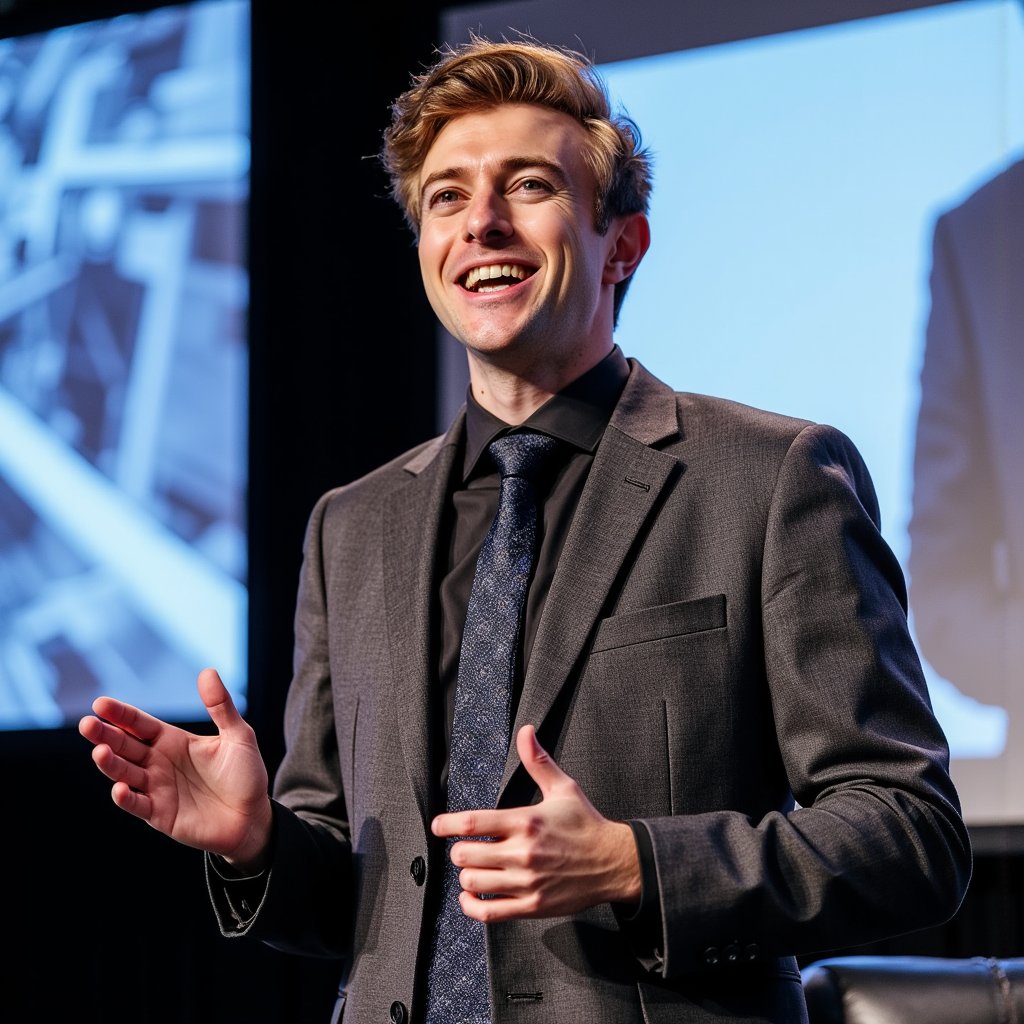 Highly realistic, highly detailed HDR image of a man keynote speaker on stage; charcoal blazer over a fine black turtleneck, small clip-on lav mic. Camera: 135mm lens, f/2.0, ISO 800, chest-up angle from audience perspective. Lighting: overhead spot as strong key, cool backlight rim highlighting shoulders, faint fill from stage floor bounce; believable shadows across backdrop. Pose: mid-gesture with open hands, animated expression as if addressing audience. Background: blurred LED screen with abstract graphics, minimal clutter.