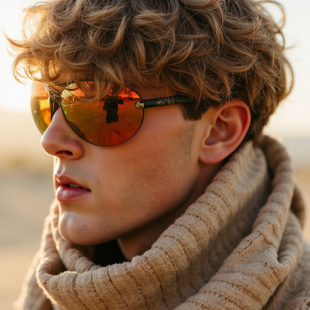 Portrait of a desert festival-goer at Burning Man 2025, reflective goggles, dust-covered scarf, windblown hair, golden hour desert lighting