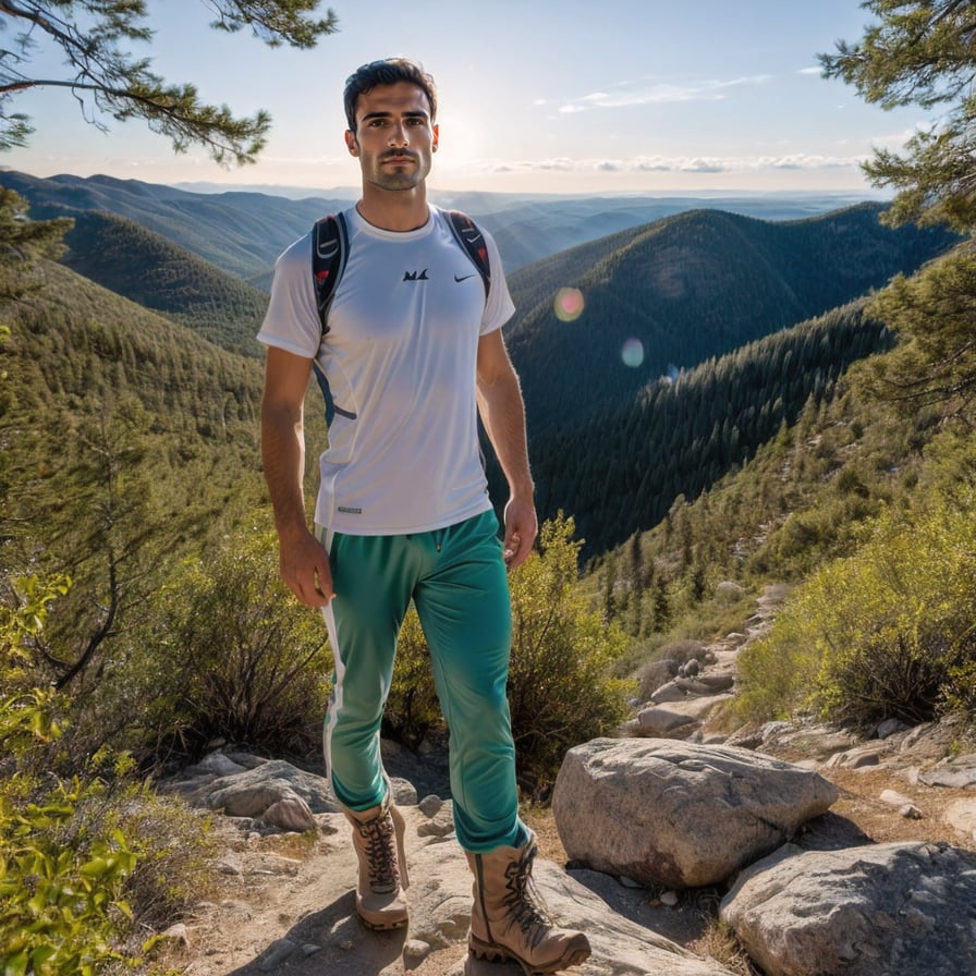 Adventurous man on mountain peak, breathtaking scenery, exploration spirit.