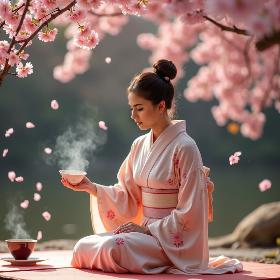 A graceful woman in a delicate silk kimono kneels on a tatami mat under a cherry blossom tree, performing a traditional Japanese tea ceremony. The steam from the teacup rises gently as pink petals float in the air around her.