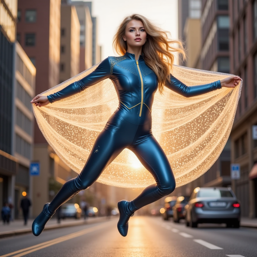 A light-weight female superhero in a sky-blue tech suit with a transparent glowi