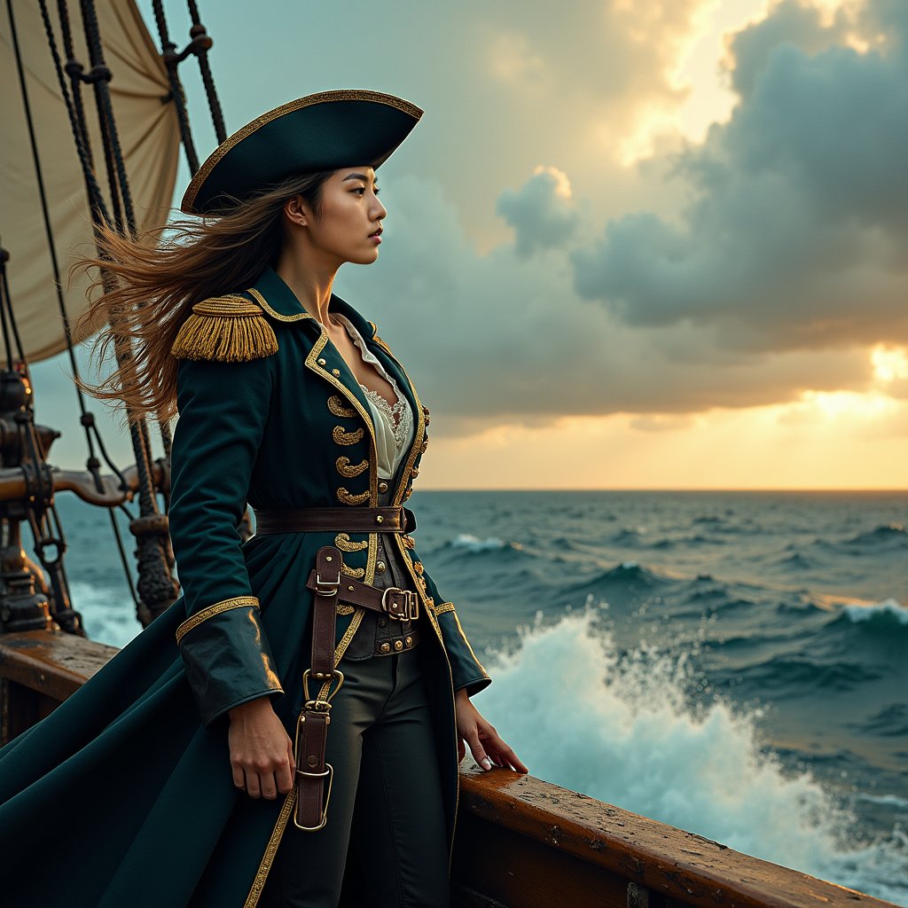 woman in pirate captain attire, adorned with gold epaulets and a tricorn hat, standing in a powerful stance on the bow of a weathered pirate ship, gazing out at the turbulent sea with a resolute and fearless expression, windswept hair and a billowing coat fluttering in the strong wind, dramatic stormy clouds and crashing waves in the background, warm golden lighting casting a sense of adventure and rugged determination.