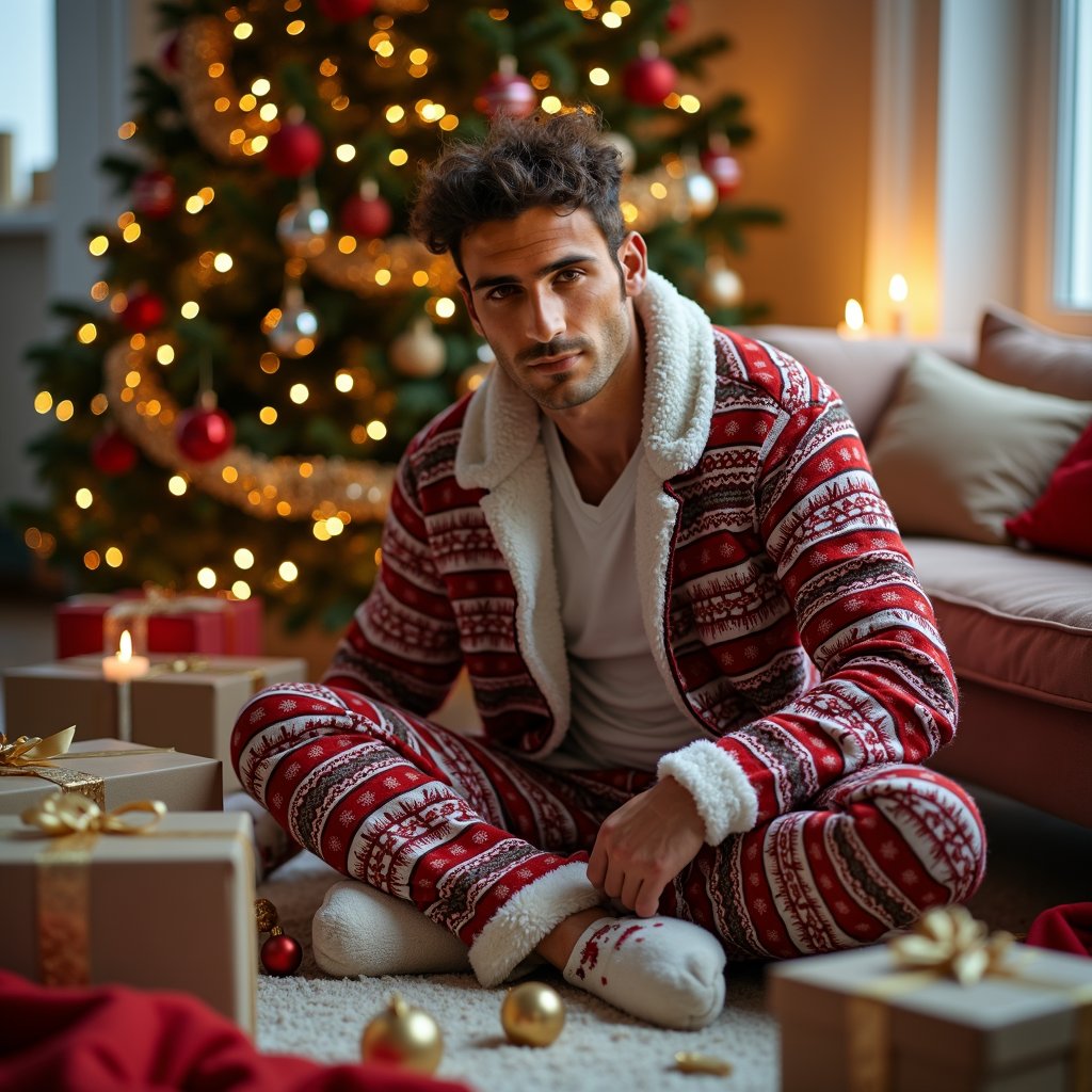 man in cozy Christmas-themed pajamas and slippers, surrounded by scattered wrapping paper, empty boxes, and Christmas tree ornaments, tidying up the living room with a warm and festive holiday atmosphere, soft natural light, and a hint of post-celebration exhaustion.