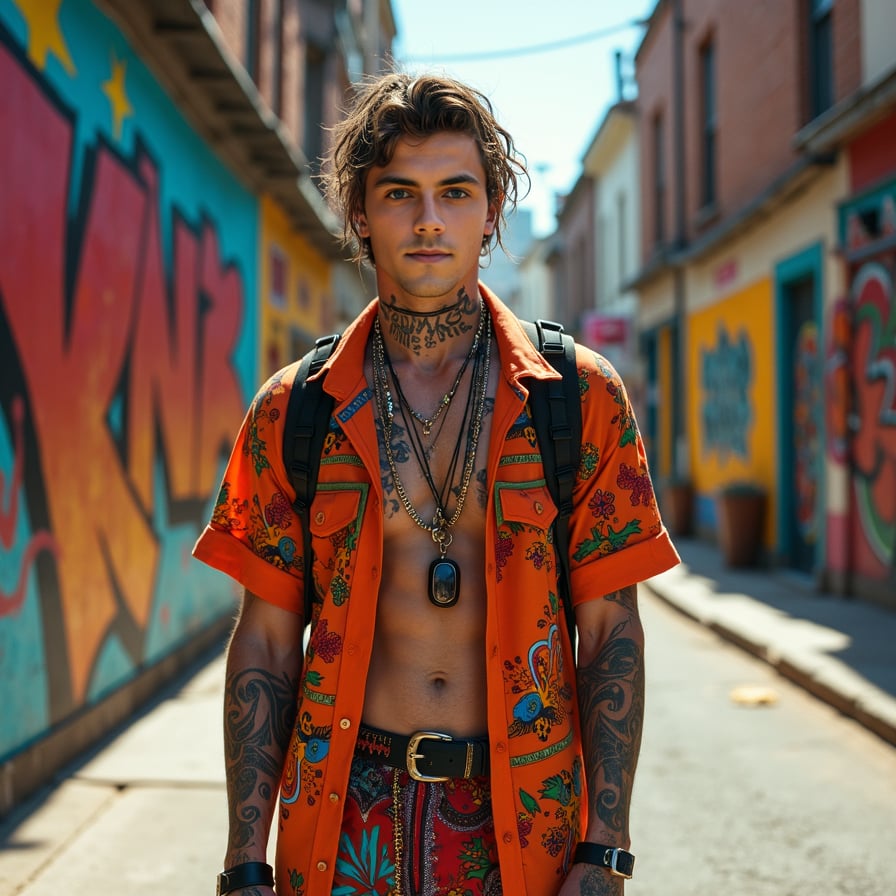 man in vibrant, eclectic dress with bold patterns and bright colors, confidently walking down a lively street lined with bright street art, surrounded by urban chic architecture, under the warm glow of natural light.