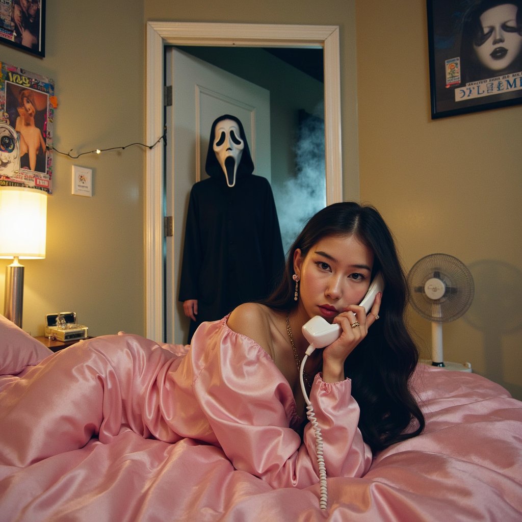 A young woman lays across shiny pink satin bedding in a dreamy Y2K bedroom. She cradles a large white corded phone to her ear, her long black hair spilling in loose curls with two glossy pink clips holding back strands on either side. She wears layered gold necklaces and chunky rings that glimmer faintly in the soft lamp glow. The walls are plastered with 90s pop posters, fairy lights tangled in the corners, and the faint hum of a desk fan stirs the curtains. In the open doorway behind her stands Ghostface — the killer from the Scream franchise. His long black hooded cloak pools at his feet, its fabric blending into the shadows of the hallway. His iconic white mask gleams under the dim yellow light, frozen in its hollow scream expression, tilted slightly as though watching in silence. The contrast between her soft, girly surroundings and his ominous stillness makes the scene cinematic, eerie, and hyper-realistic, like a horror movie still from 1996 shot on grainy film.