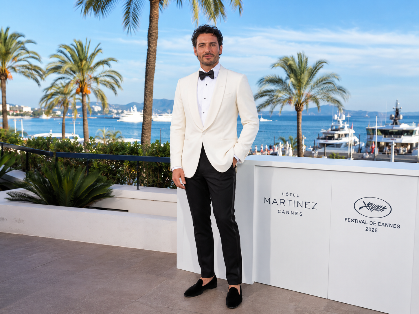 Cannes AI hotel balcony portrait with French Riviera atmosphere