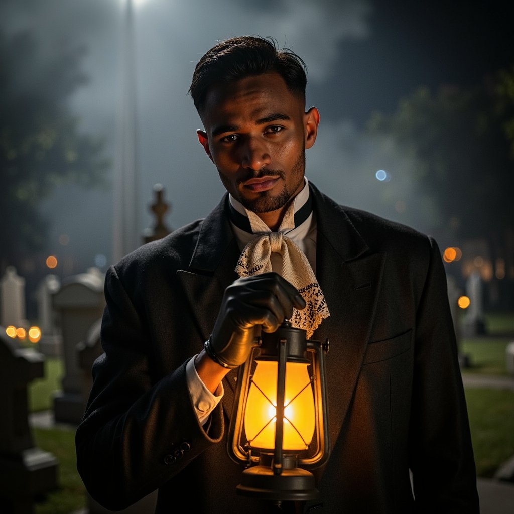 Medium-wide shot at chest height, 35 mm, f/2.2, ISO 640, 1/80 s. Main light: a lantern in his hands casting warm upward glow on his pale face and antique lace cravat, while his charcoal suit remains mostly in cool moonlight shadow. The lantern’s light fades quickly, leaving his legs and ground dimly visible through drifting fog. Moonlight from above creates a faint halo on surrounding gravestones. Focus is sharp on his face and gloves; background softened by atmospheric haze. Highly detailed, highly realistic, HDR.