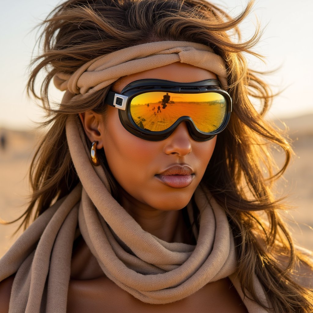 Portrait of a desert festival-goer at Burning Man 2025, reflective goggles, dust-covered scarf, windblown hair, golden hour desert lighting