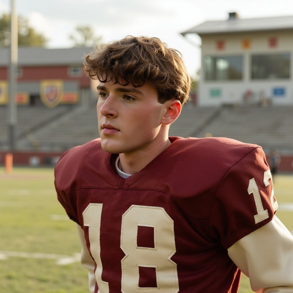 Hyper-realistic 1960s high school football captain standing on the 50-yard line, framed waist-up with a 55mm lens for balanced perspective. He wears a heavy wool-blend football jersey in deep maroon, slightly faded from repeated washing, with large cream-colored felt numbers stitched onto the chest — stitching threads visible at close range, edges slightly frayed. Underneath, thick cotton shoulder pads give the upper body a structured, squared-off silhouette. His dark hair is neatly parted to the side and combed back with pomade, individual strands catching sunlight in a subtle sheen. The face shows realistic athletic details — lightly tanned skin, a faint bead of sweat on the temple, light freckles across the nose, faint shadow of stubble along the jawline, and creases at the corners of the eyes from squinting in the sun. Expression is confident but approachable, lips pressed into a faint half-smile, gaze directed just above the lens. Afternoon sunlight from the right casts a warm glow along his cheekbones and nose bridge, with a soft fill from the grass reflecting below. Behind him, the blurred background reveals muted bleachers, a distant goalpost, and soft green turf, all rendered in creamy bokeh to isolate the subject while keeping the nostalgic school setting intact.