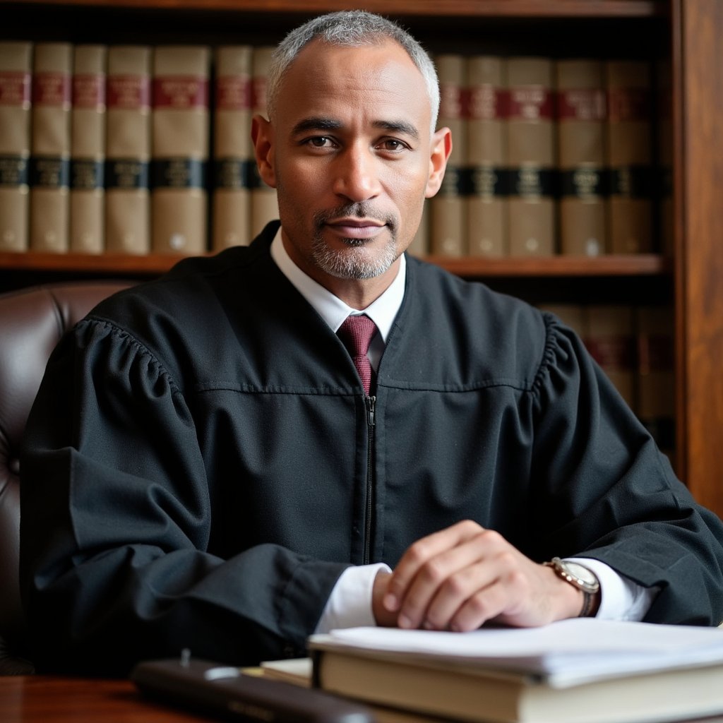 Medium shot, 50 mm f/2.5, eye level. Man in late 50s, pale skin, closely cropped salt-and-pepper hair. Black judicial robe with matte finish, white collar visible at neckline. Sitting at polished mahogany desk with neatly stacked files. Lighting: warm desk lamp key with daylight fill from window. Background: softly blurred wall of law books.