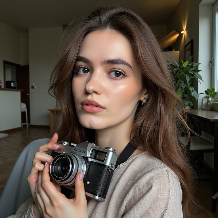 Portrait of a documentary-style photographer holding a camera with both hands, w