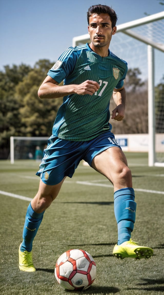 Athletic man in action, soccer jersey, green field, sunlight.
