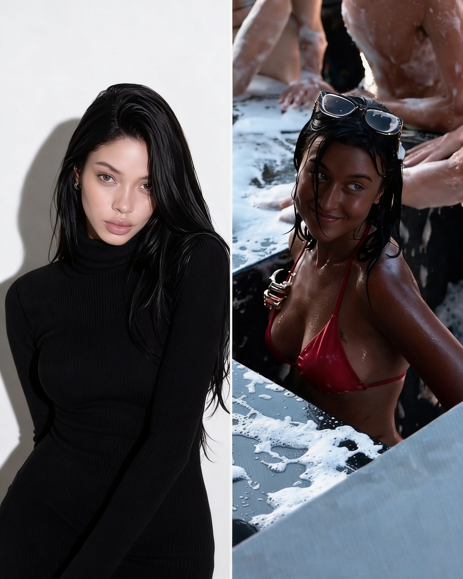 Using this exact reference collage, make ONE change only: completely exchange the two women’s skin pigmentation.
The woman on the LEFT must receive the exact fair/pale skin tone of the woman on the RIGHT.
The woman on the RIGHT must receive the exact deep, very dark skin tone of the woman on the LEFT.
IMPORTANT: Treat each woman’s visible skin as ONE continuous surface. The transferred tone must cover the ENTIRE FACE first — forehead, temples, eyelids, under-eyes, cheeks, nose, lips surrounding skin, chin, jawline and ears — and then continue seamlessly across the neck, chest, shoulders, arms, hands, torso and every other exposed skin area.
The face and body MUST be the same transferred complexion. Do not leave a fair/pink face on a dark body. Do not merely tan the right woman. Her face AND body must become as deeply dark as the left woman’s original complexion. Likewise, the left woman’s face AND every visible skin area must become as fair as the right woman’s original complexion.
Preserve natural shadows, highlights and wet reflections, but highlights must NOT be interpreted as the original skin colour.
Do not recreate, move or interchange the women. Left stays left; right stays right. Preserve their exact original faces, eyes, expressions, gaze, facial features, hair, bodies, body fat, proportions, poses, outfits, accessories, tattoo, backgrounds, lighting, framing and crop.
No face swap. No body swap. No outfit swap. No repositioning. No beautification. No reshaping. No cropping.
ONLY exchange their complete skin pigmentation. Everything else must remain identical to the reference collage.