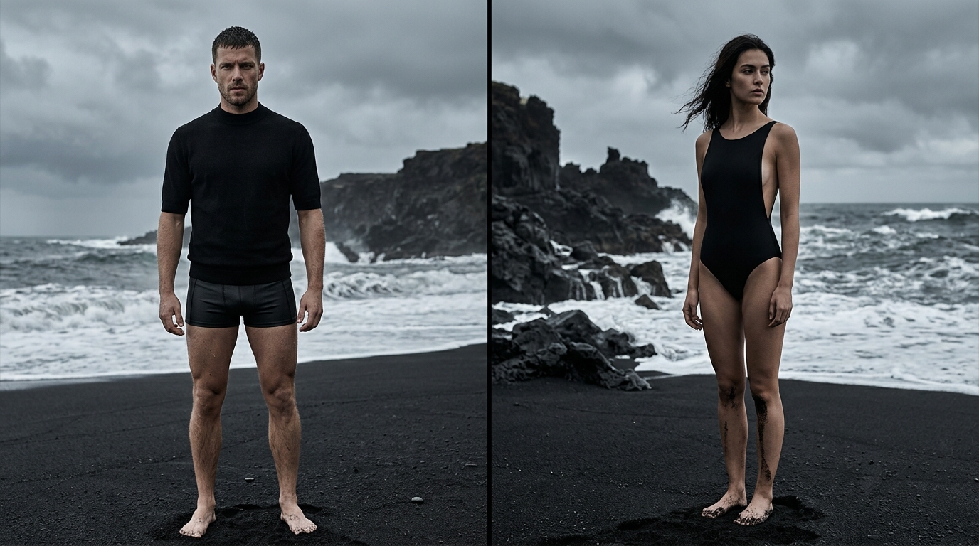 Hyper-realistic high-fashion editorial photograph of a young woman standing alone on a volcanic black sand beach under heavy overcast skies in a minimalist black one-piece swimsuit, single subject dead-centered, dark wet sand reflecting the muted grey sky, calm grey ocean behind, no warm tones anywhere, desaturated cool charcoal and steel-blue palette, even diffused overcast lighting, shallow depth of field with 85mm lens, natural skin texture, magazine cover quality