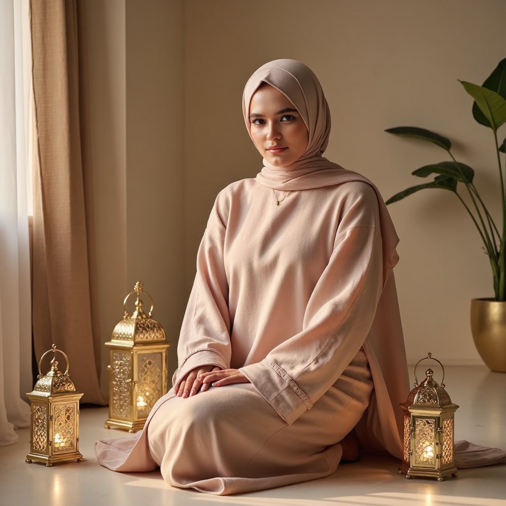 Knee-up portrait of a woman in a flowing abaya with soft pastel hues, subtle smile, surrounded by decorative lanterns in gentle golden light — inspired by Mawlid traditions