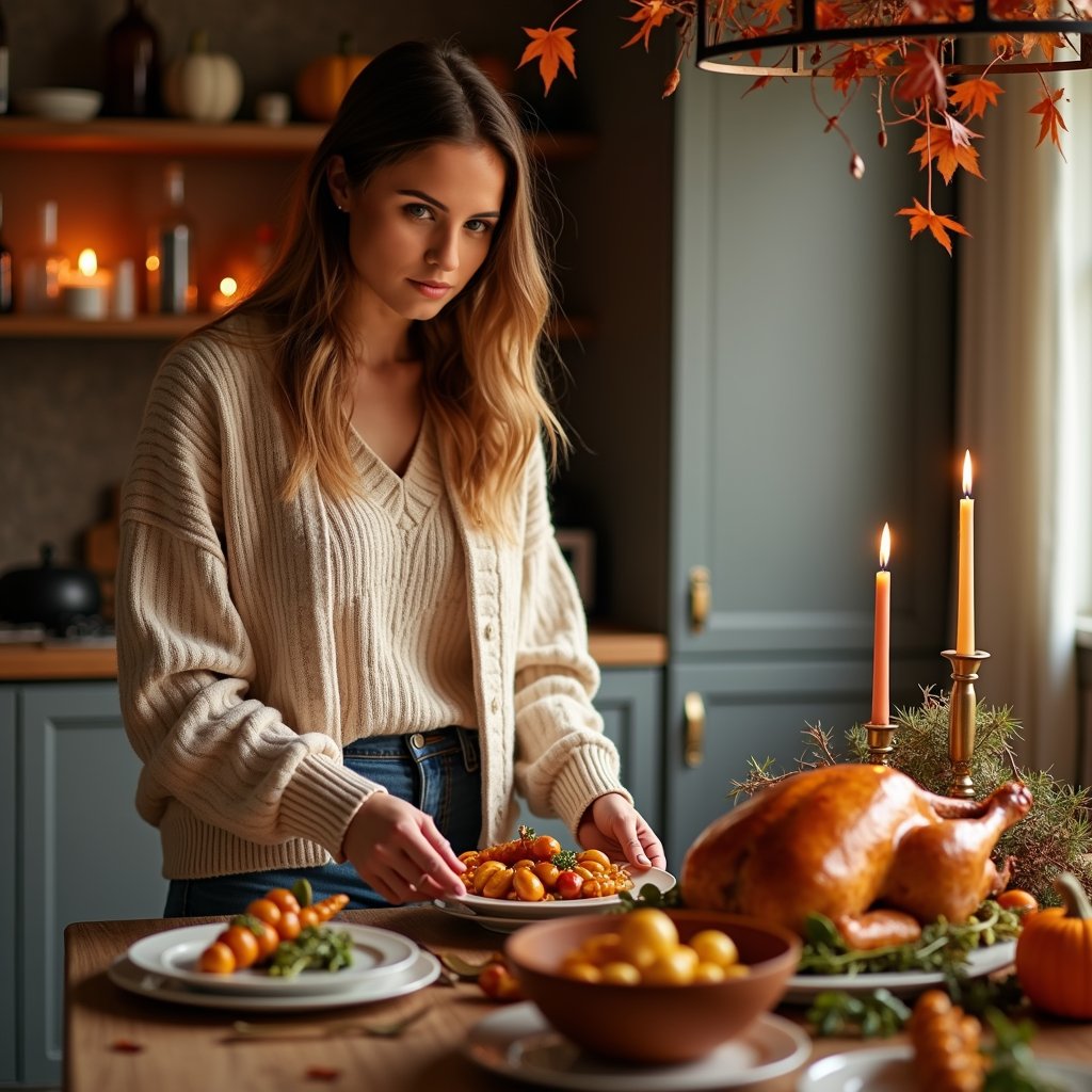 woman decorating the room for thanksgiving