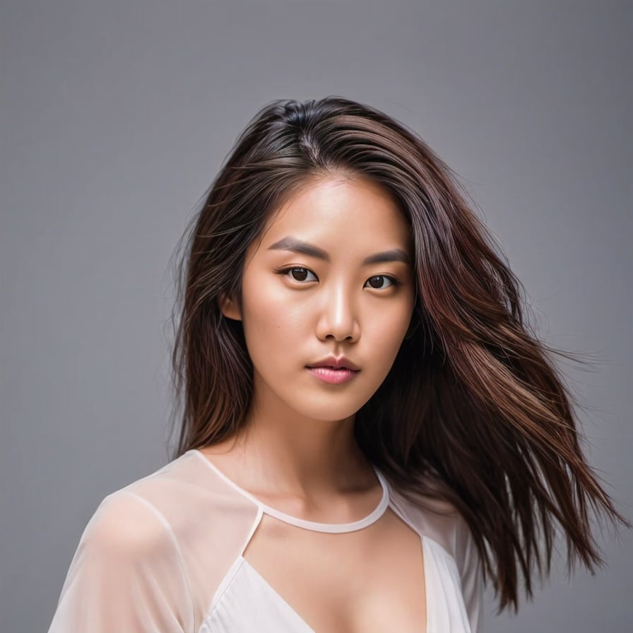 Woman in evening gown, dramatic lighting, sunset cityscape backdrop.