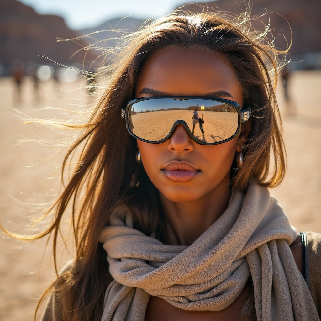 Portrait of a desert festival-goer at Burning Man 2025, reflective goggles, dust-covered scarf, windblown hair, golden hour desert lighting