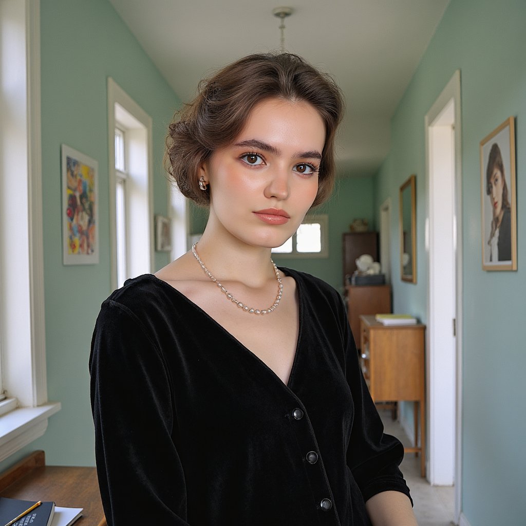 Close-up portrait of a 1960s high school senior girl wearing a black velvet off-shoulder drape and a single-strand pearl necklace, hair styled in a soft bouffant with curled ends framing the face. She’s looking slightly left of the camera with a confident half-smile, lips lightly glossed. Shot from chest up using a 85mm lens, studio HDR lighting with gentle falloff on both sides. Background is a seamless gradient grey with very subtle film grain, softly blurred to enhance subject focus.