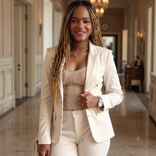 Create an ultra-realistic, high-end editorial fashion photograph of me using my trained AI model.
I am wearing a luxurious, cream-colored, perfectly tailored fitted pantsuit. The blazer is structured with a beautifully cinched waist, paired with flattering, high-waisted, fitted trousers that complement my natural curves. Underneath the blazer is an elegant champagne-gold top featuring beautiful statement gold buttons.
Complete the outfit with sophisticated metallic gold pointed-toe high heels, a designer-inspired structured cream handbag with gold hardware, an elegant gold watch, layered delicate gold necklaces, statement gold earrings, and tasteful gold rings.
HAIR: Gorgeous honey-blonde boho knotless braids, waist-length, with extremely small, neat knotless parts and beautiful loose kinky-curly strands flowing throughout the braids. The hair should look full, soft, professionally styled, and luxurious, with realistic movement and texture.
MAKEUP: Flawless soft glam with warm brown eyeshadow, beautiful lashes, softly contoured cheeks, warm blush, subtle golden highlight, and glossy nude-brown lips. Preserve natural skin texture.
POSE: Full-body standing portrait. One hand resting confidently on my hip while the other casually holds my handbag. A feminine, sophisticated, confident pose with a subtle, beautiful smile.
BACKGROUND: An upscale luxury hotel interior featuring warm neutral tones, elegant marble floors, soft architectural lighting, and sophisticated decor.
PHOTOGRAPHY: Professional luxury fashion campaign, shot on an 85mm portrait lens, photorealistic, beautiful lighting, sharp facial details, natural shadows, realistic fabric texture, and high-end magazine quality.
IMPORTANT: Preserve my exact trained