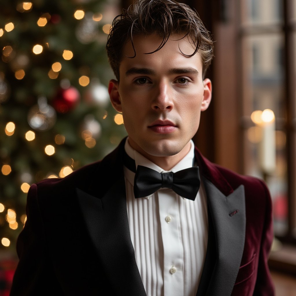 Headshot of a man in tuxedo (shawl-collar velvet dinner jacket, crisp pleated shirt, satin bow tie). Hairstyle: classic taper, slight quiff; clean shave. Fabric details: velvet nap, satin lapel reflection, micro-pleats. Camera: eye-level, 105mm macro-leaning portrait for extreme texture fidelity, f/2.0. Lighting: soft directional key (large softbox or window) + faint practical back glow from the tree for hairline separation. Background: blurred Christmas tree with crystal and glass ornaments, warm golden fairy lights; no extra props. Pose: chin slightly down, eyes centered, confident but soft gaze. Render: highly detailed, highly realistic, HDR; precise lapel edge and shirt pleat definition; natural skin pores.