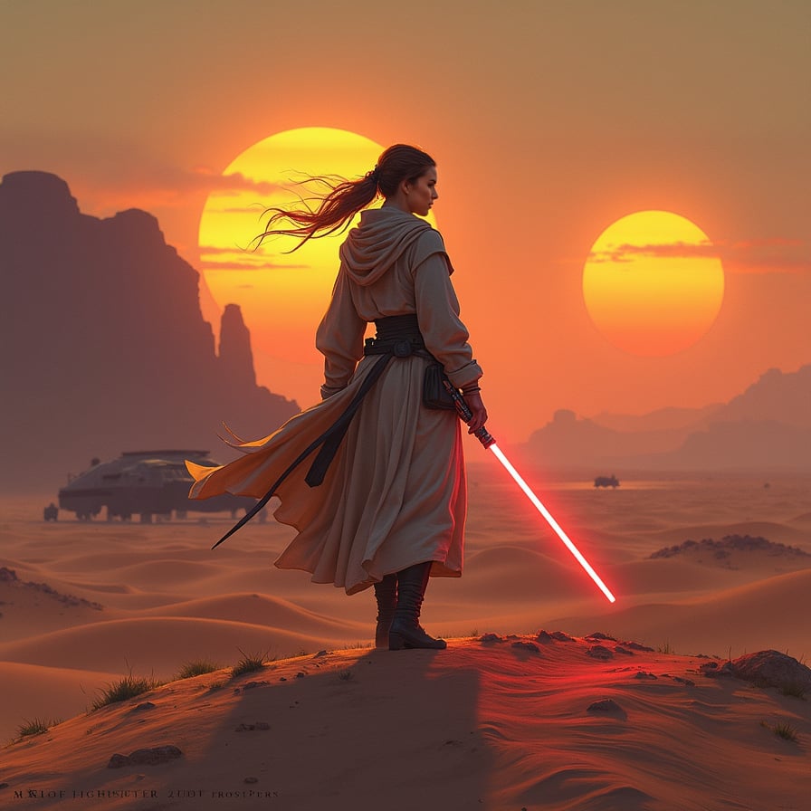 A lone woman, perhaps a scavenger or a Jedi, walks across the barren Tatooine desert as the twin suns set. Her silhouette stands against the wide-open landscape, with a distant village and a sandcrawler adding context to the scene.