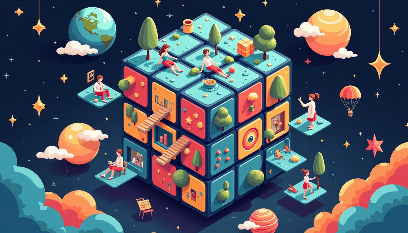An isometric digital illustration of a Rubik's Cube as a complex, miniature world, floating in space. Each facelet is a tiny, detailed diorama showing scenes of life, creativity, and nature. The cube is deconstructed, with pieces floating apart. Whimsical vector art style, clean lines, flat colors, set against a dark starry background. Intricate, surreal, imaginative.