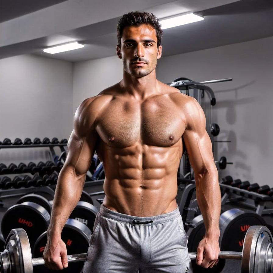 Muscular man, gym setting, confident pose, athletic, natural lighting.