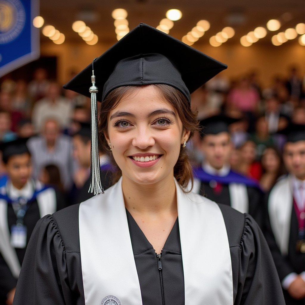 Tight headshot of a woman graduate just off-stage, head slightly tilted, gentle proud smile; black gown with a white stole embossed with a faint seal (no text), mortarboard tassel resting along the cheek line (not held); sleek low bun with a clean center part; camera straight-on at eye level; 105mm lens, f/2.5, ISO 200; lighting: soft key from a nearby diffused LED panel, subtle hair light from above, preserving natural skin texture; background: defocused stage lights forming round bokeh and a blurred university banner in deep blue; micro detail: satin stole highlights, tassel fiber separation, subtle pores and fine hairs around the hairline; minimal clutter, shallow DOF, true-to-skin color, highly detailed, highly realistic, HDR finish.