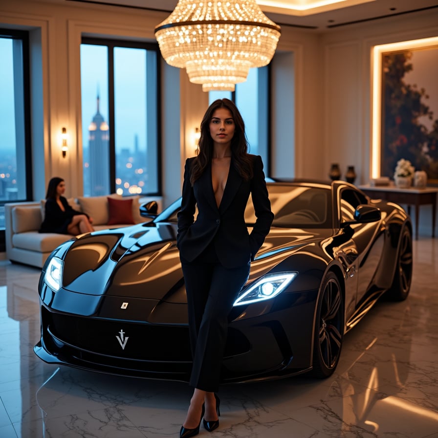 woman posing confidently in front of a sleek, black luxury sports car, dressed in a tailored black tuxedo and sunglasses, under the soft glow of city lights at dusk