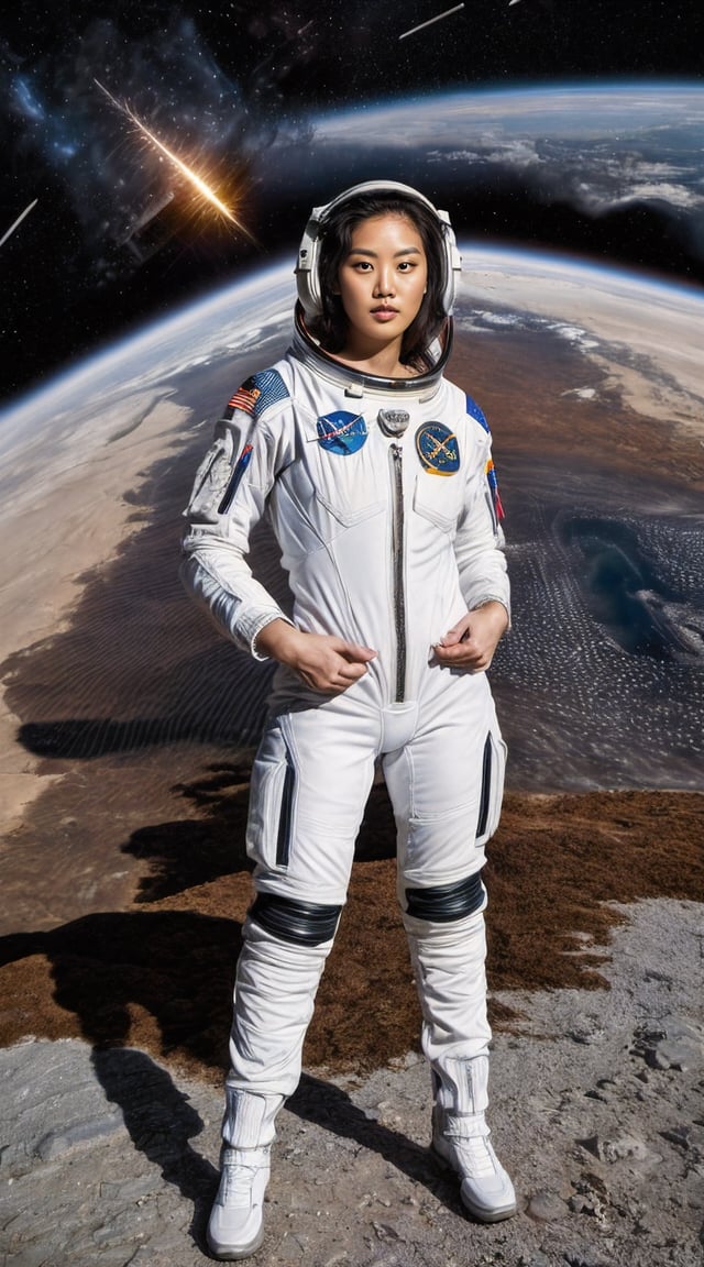 Heroic astronaut, white suit, Earth’s orbit backdrop, reflective visor.