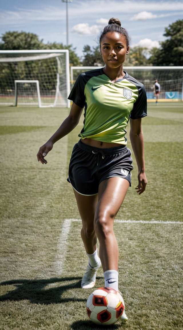 Athletic woman playing soccer, dynamic pose, sunlit field.
