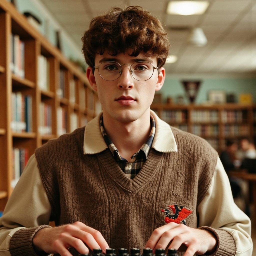 1960s yearbook image of a high school student typing in a library, framed waist-up from the side. Subject wears a brown V-neck sweater in tight cable-knit wool over a muted plaid shirt, the stiff cotton collar peeking out with one button undone. The sweater reveals subtle pilling and wool fuzz along the edges of the sleeves. His face, focused and slightly furrowed, shows visible peach fuzz on the jawline, a light mole near the left cheek, and slight acne scarring under natural light. Hands rest on a manual typewriter, fingers curled mid-action, keys slightly shiny from use. Hair is trimmed short and combed neatly with defined parting lines. Glasses with thin gold wire rims reflect the ambient library light. Background contains rows of oak bookshelves softly blurred; warm tungsten tones emphasize woodgrain and soft shadows across his knuckles. Captured at a 45° angle using a 35mm lens for slight contextual distortion.