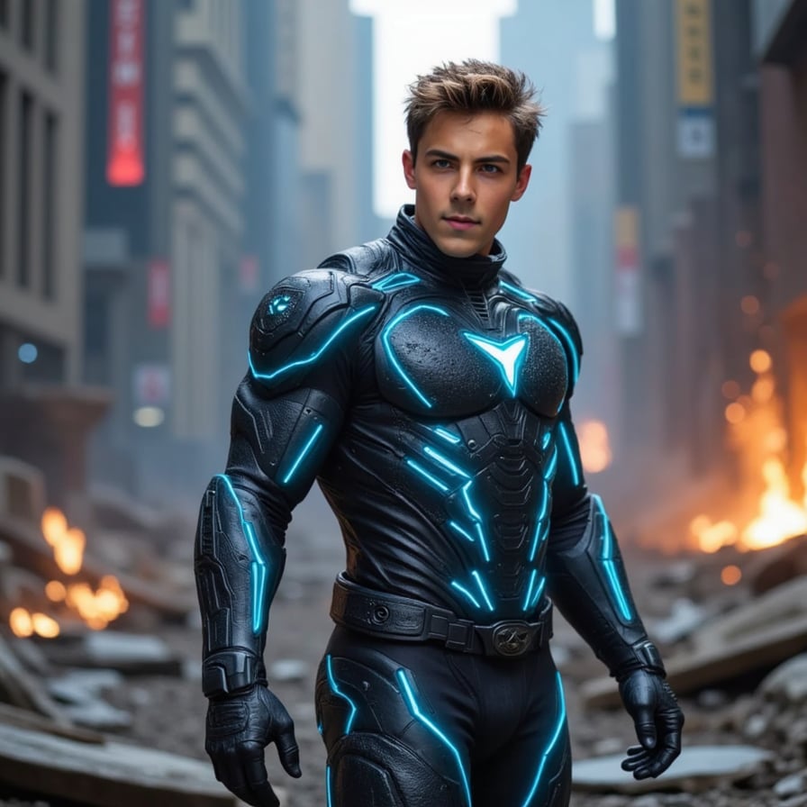 Powerful male superhero, new generation Avenger, armored futuristic suit with glowing blue tech lines, standing in front of a destroyed skyline, ash and sparks flying, heroic gaze, MCU cinematic vibes