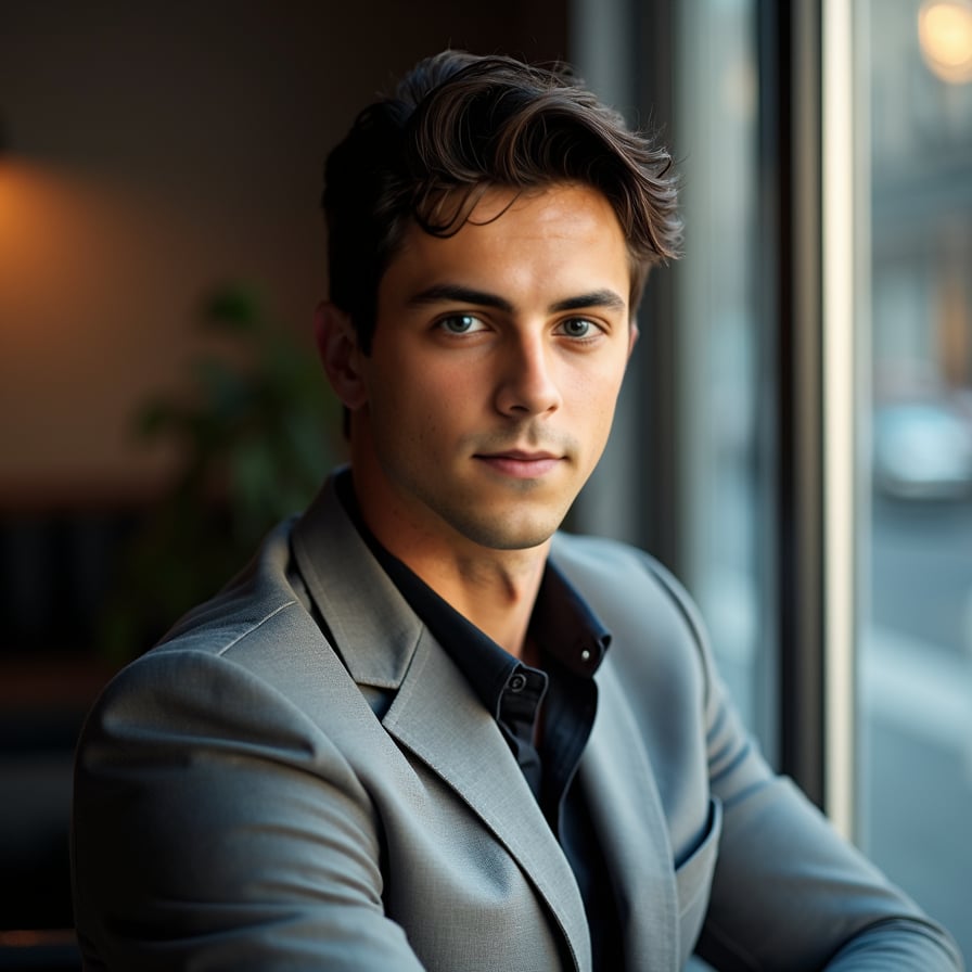 confident man with a modern, polished look. He has a sophisticated charm, wearing a tailored blazer or casual smart attire, with soft natural lighting enhancing his features. The pose is relaxed yet poised, exuding professionalism and approachability