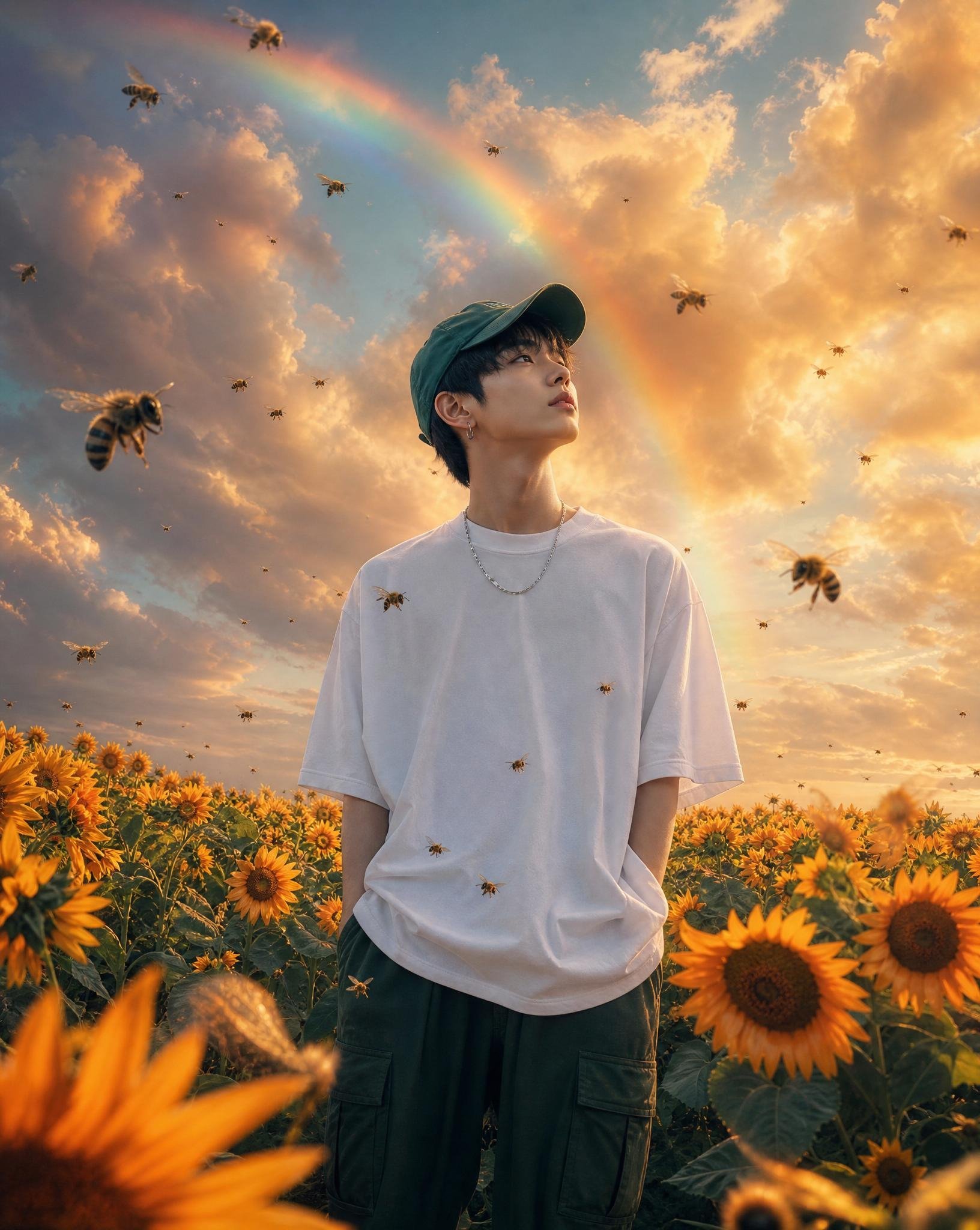 A young East Asian man in his 20s standing in a vast field of bright orange sunflowers, dreamy surreal atmosphere, he wears oversized loose white t-shirt, deep forest green cargo pants, green baseball cap, silver chain necklace, small earring, looking up thoughtfully to the side with gentle expression, epic dramatic sky filled with huge volumetric golden-orange clouds, vibrant rainbow arching across the sky, many large realistic honey bees flying around him, golden hour lighting, warm cinematic color grading, ultra detailed, surreal yet grounded, emotional and hopeful mood, ultra high resolution, 8k, photorealistic rendering blended with subtle dreamlike painting style --ar 2:3 - -stylize 250 --v 6