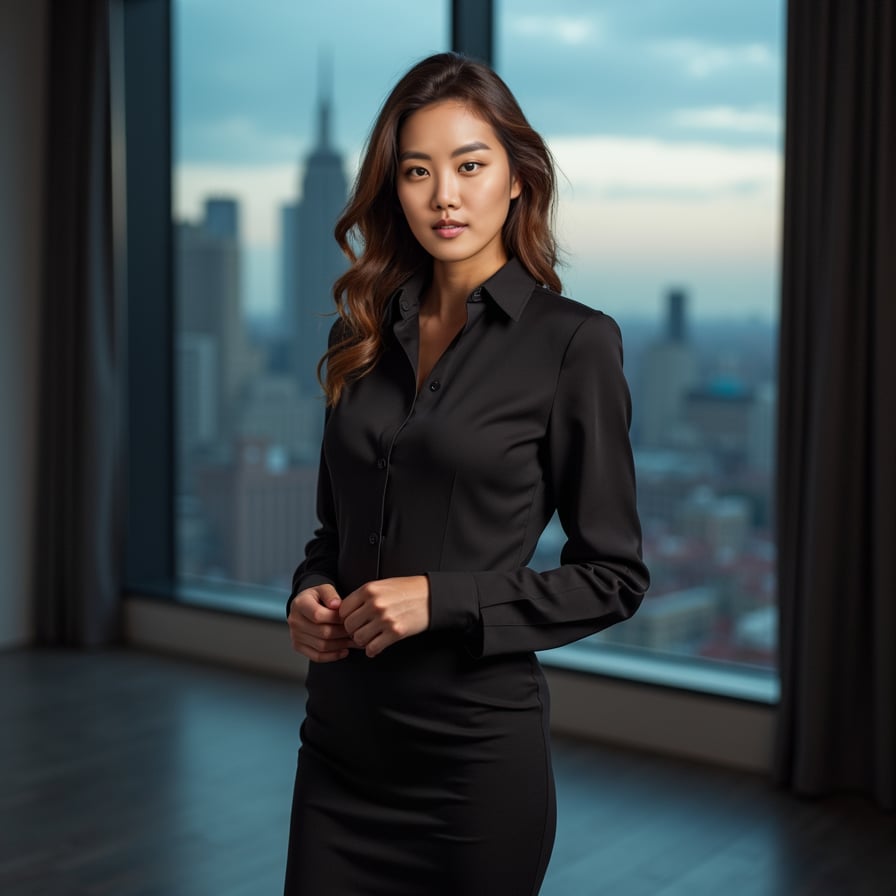 model in executive attire, confident posture, neutral expression, against a studio backdrop with cityscape view, crisp details, sharp focus, ambient lighting, high-definition, 8k professional headshot, corporate setting.