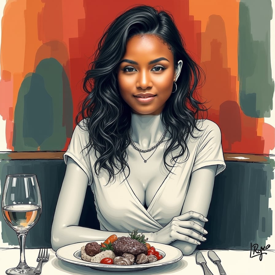 girl in casual, yet elegant attire, enjoying a delicious dinner at a dimly lit, upscale restaurant, soft, golden lighting, fine china and glassware on the table, subtle background noise of clinking glasses and murmurs of conversation.