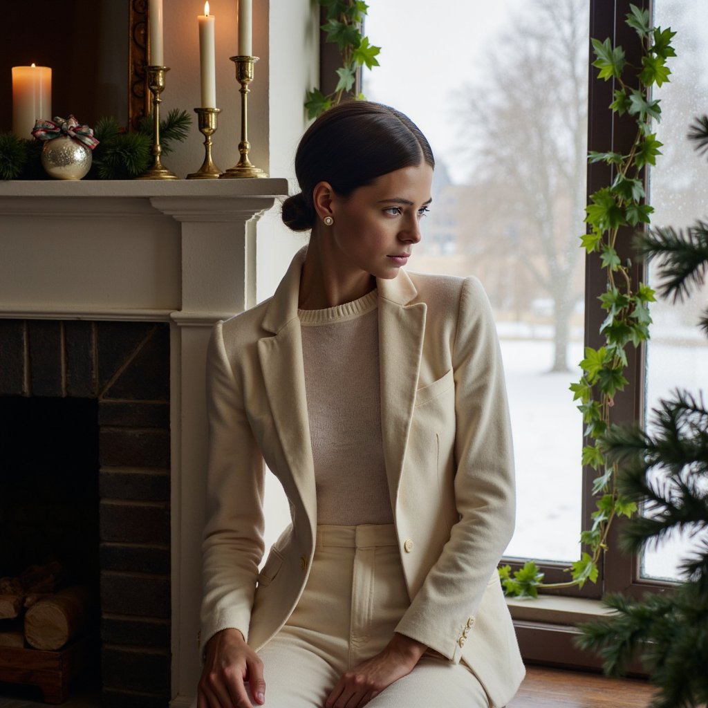 A woman seated beside tall frosted glass windows framed by ivy garlands, bathed in gentle winter sunlight. Hairstyle: loose, natural waves tucked behind ears. Attire: cream cashmere sweater with a ribbed high collar; gold hoop earrings. Fabric details: cashmere fuzz detail, rib texture, subtle weave. Camera: eye-level, 85mm, f/1.8. Lighting: soft morning light key with faint back rim from window glow. Background: blurred greenery and pale sky through glass; minimal clutter, calm and airy. Pose: gazing down slightly, serene expression, hands out of frame.
Render: highly detailed, highly realistic, HDR; delicate hair flyaways, natural skin tone, tactile knit detail.