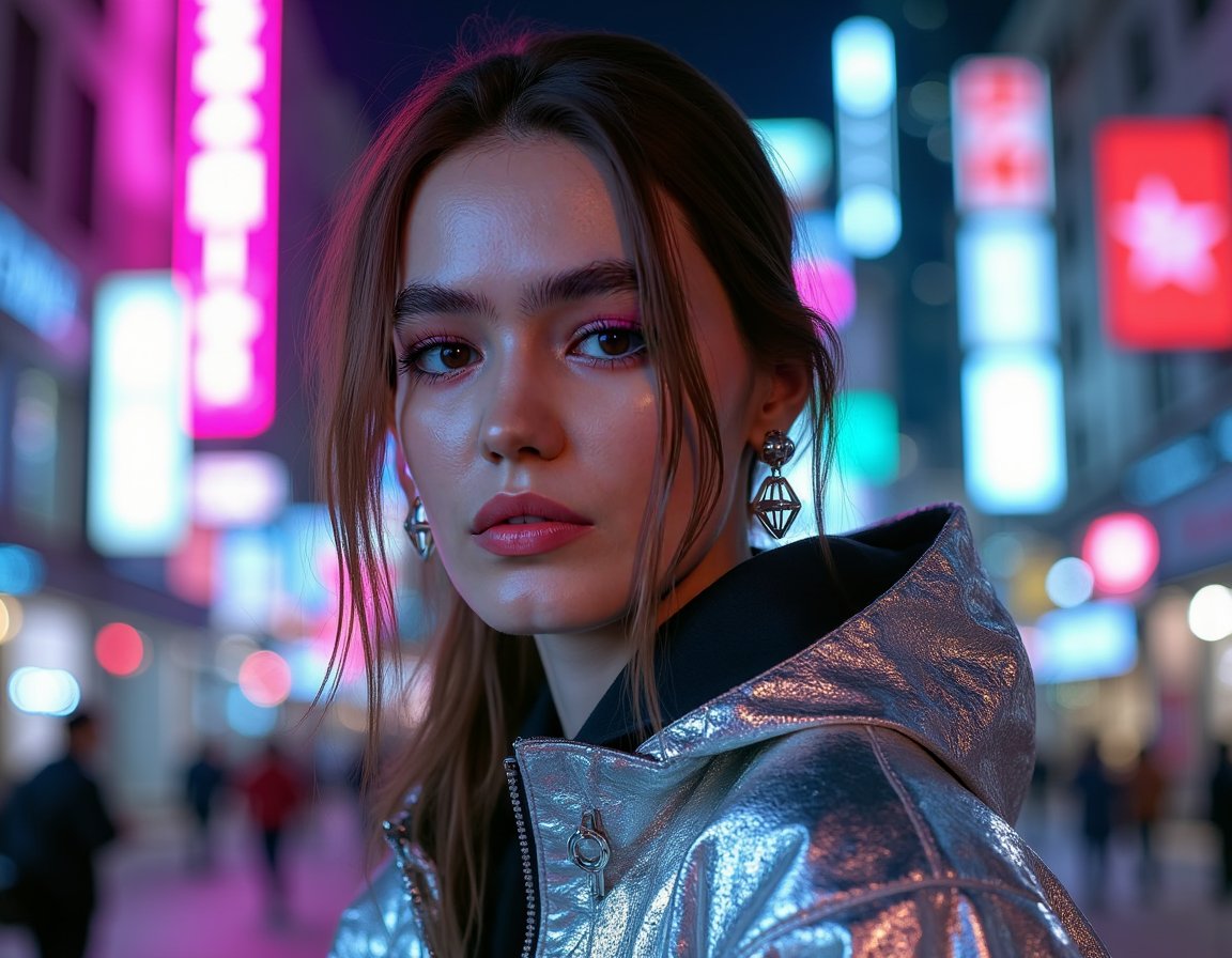 Chest-up hyperrealistic shot of a woman in futuristic metallic silver outerwear, neon pink eyeliner, and geometric earrings. Slight 30-degree pose, looking past the camera. Background: blurred city skyline with vivid magenta and teal lights. Harsh side-lit shadows across her cheekbones and reflective clothing. Highly realistic facial details, light bouncing off fabric folds, skin illuminated naturally in contrast lighting.