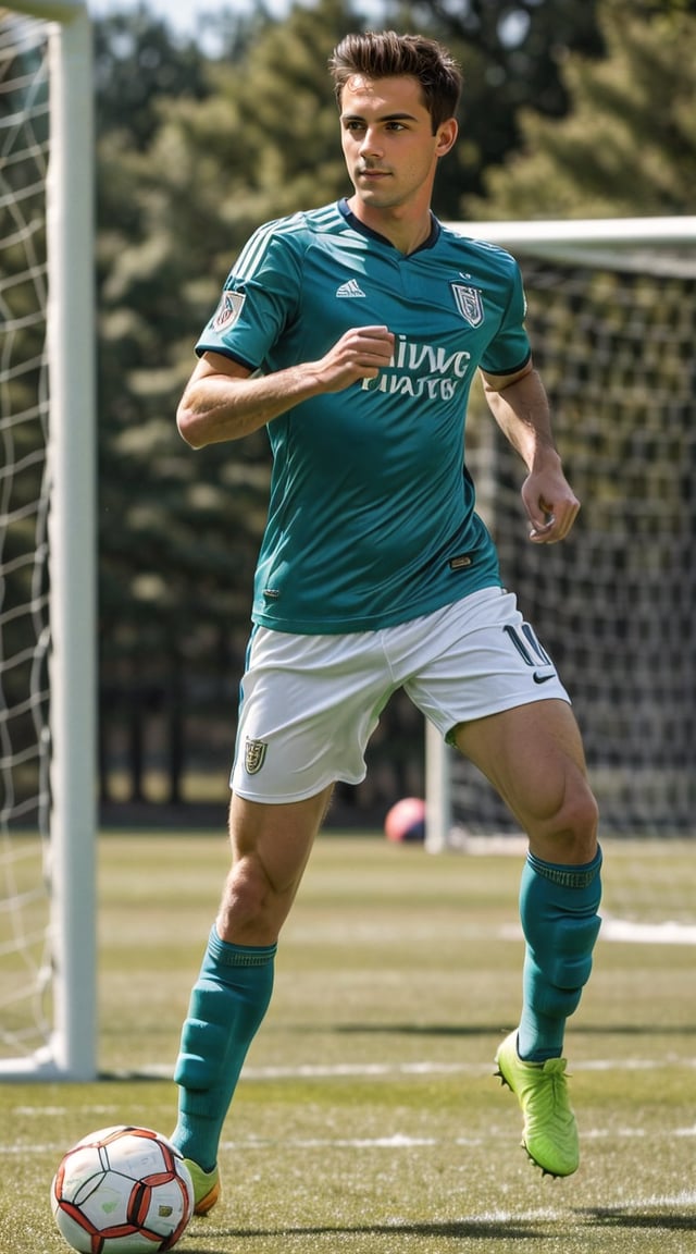 Athletic man in action, soccer jersey, green field, sunlight.